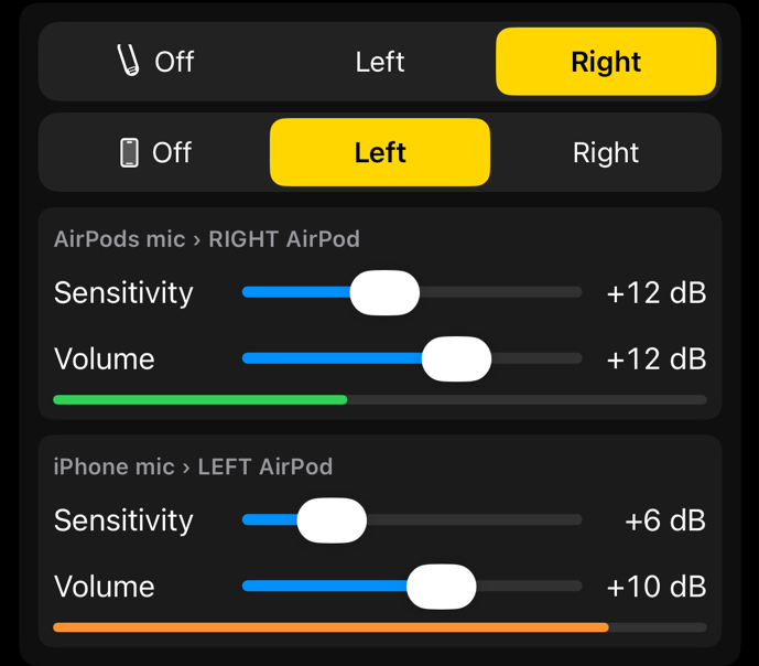 Interrotron's AirPods routing: the AirPods mic to the right AirPod, the iPhone mic to the left AirPod, each with sensitivity and volume